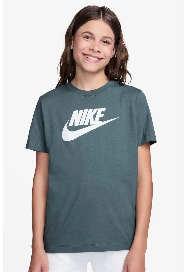 Tricou cu decolteu la baza gatului si imprimeu logo Futura, Verde inchis