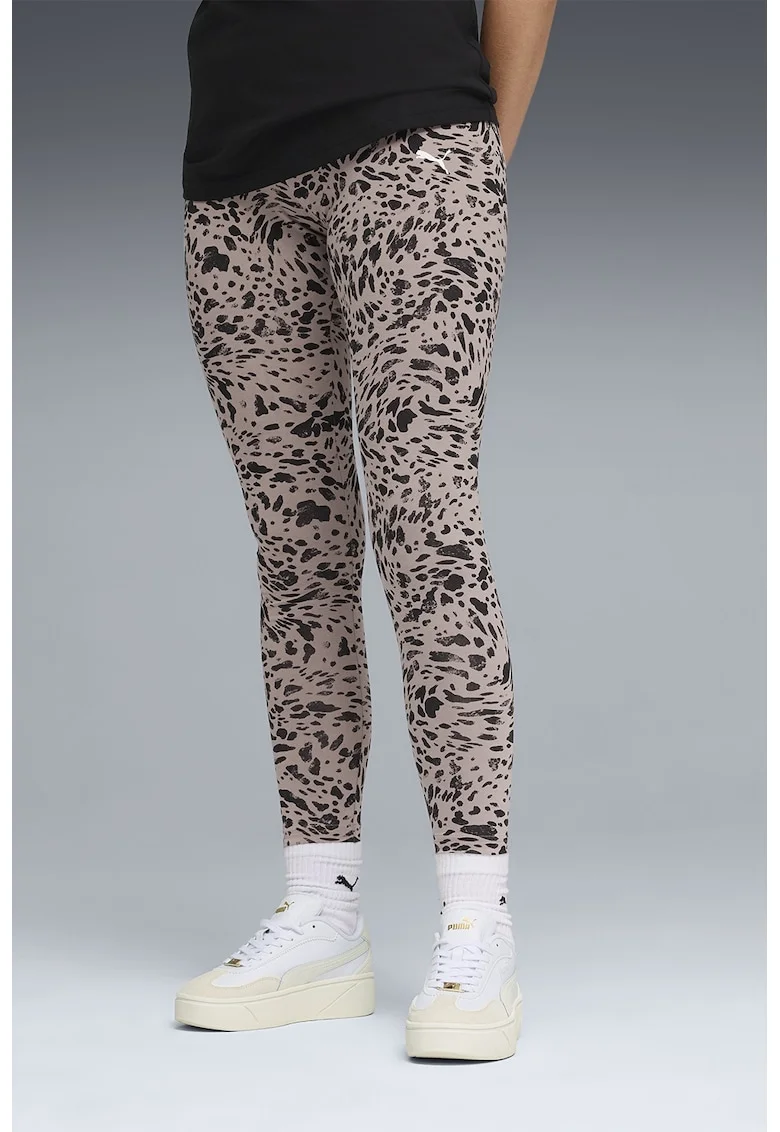 Colanti cu animal print si talie medie, Negru/Roz prafuit