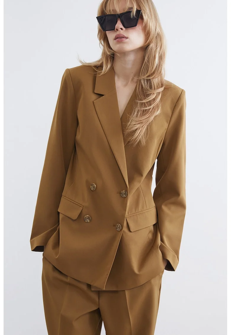 Sacou slim fit cu doua randuri de nasturi, Caramel