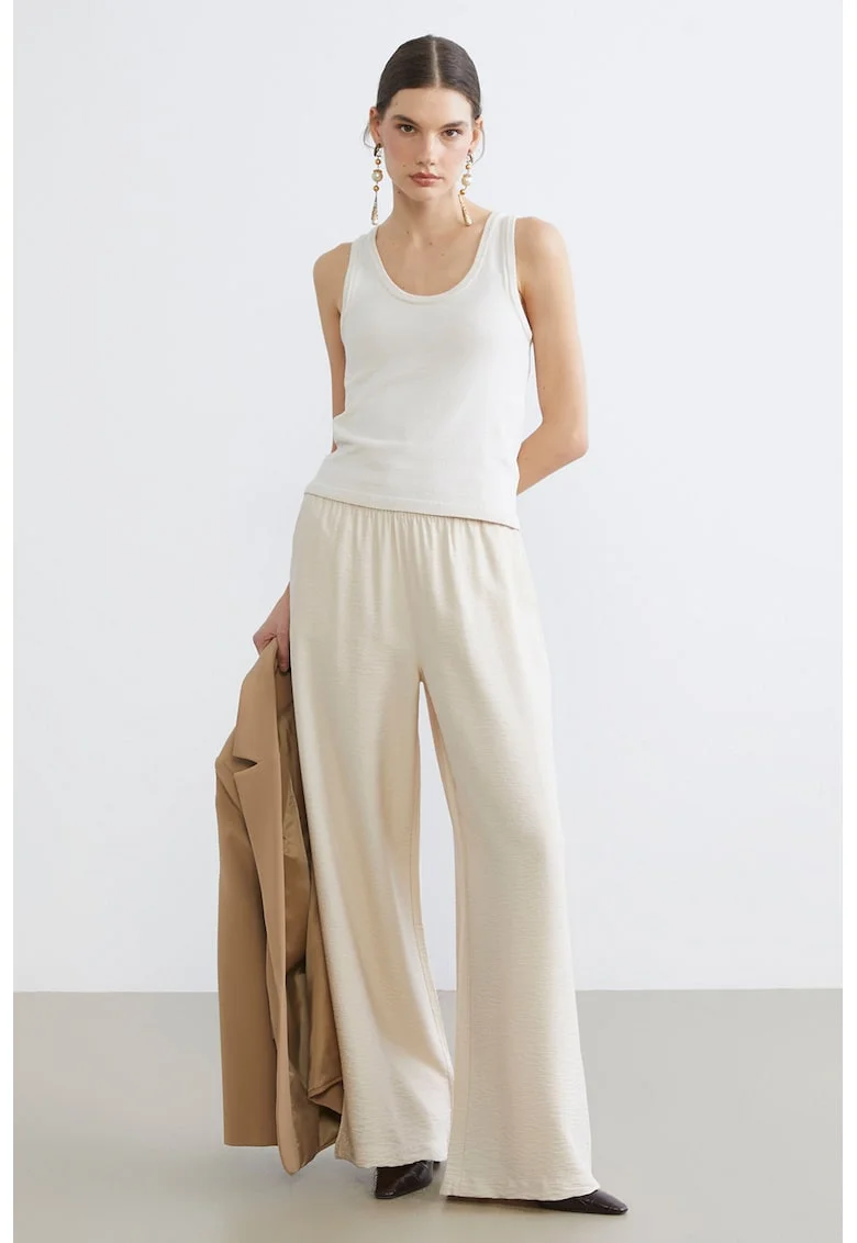 Pantaloni cu croiala ampla si talie elastica, Crem