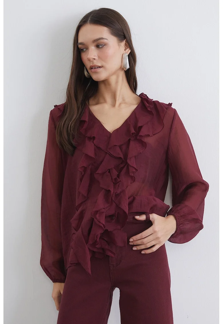 Bluza din sifon cu volane, Rosu inchis