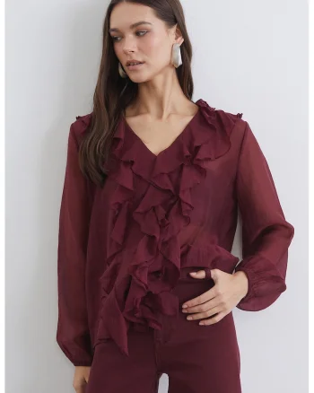 Bluza din sifon cu volane, Rosu inchis