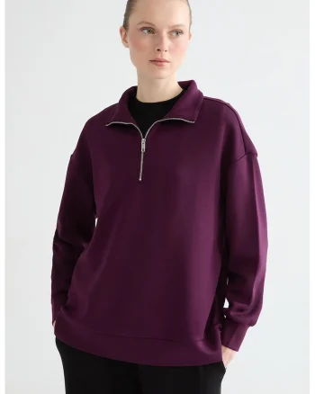 Bluza de trening cu fenta cu fermoar si model uni, Violet pruna
