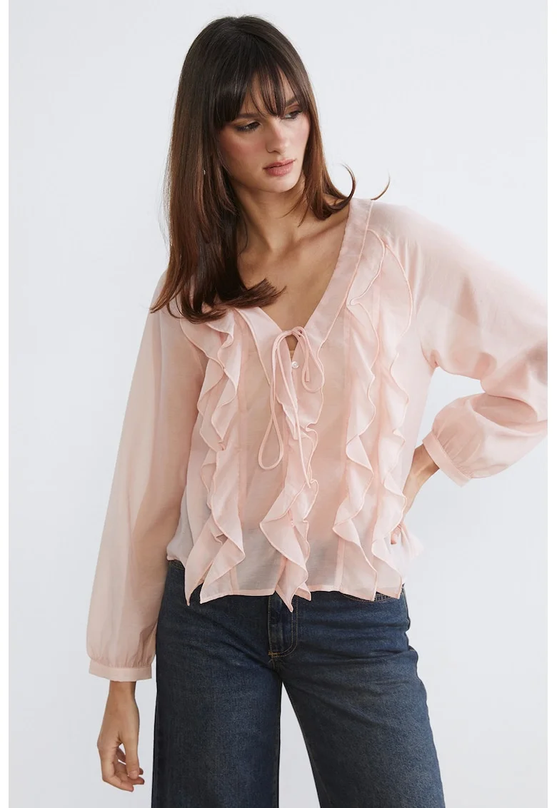 Bluza cu decolteu in V si garnituri cu volane, Roz pal
