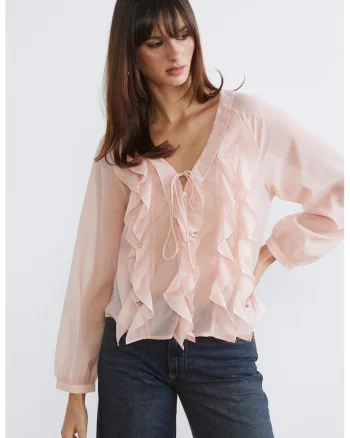 Bluza cu decolteu in V si garnituri cu volane, Roz pal