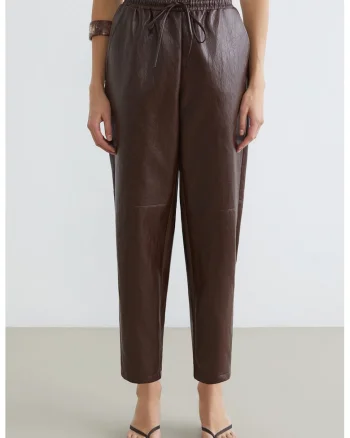 Pantaloni din piele ecologica cu talie ajustabila, Maro pamantiu