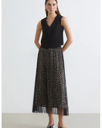 Fusta lunga cu animal print, Negru/Maro taupe