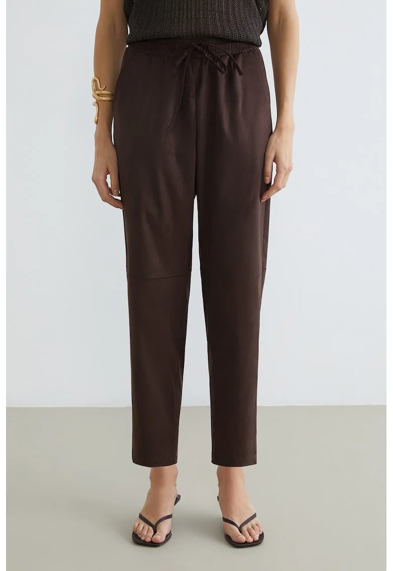 Pantaloni din piele intoarsa sintetica cu talie ajustabila, Maro pamantiu