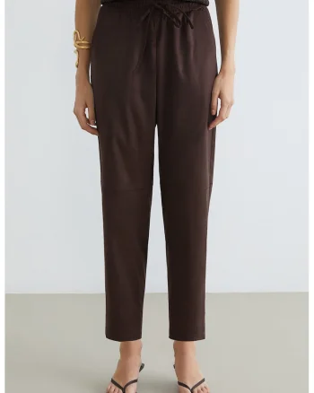 Pantaloni din piele intoarsa sintetica cu talie ajustabila, Maro pamantiu