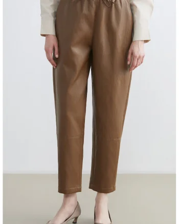 Pantaloni din piele ecologica cu talie ajustabila, Caramel