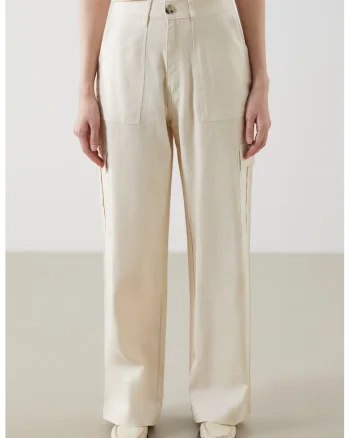 Pantaloni cargo din amestec de in, Alb fildes