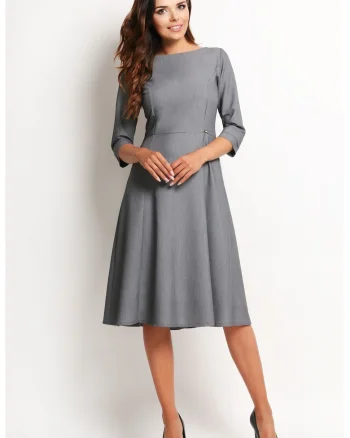 Rochie eleganta de cocktail midi in clos cu decolteu barca si maneci 3/4,, Gri