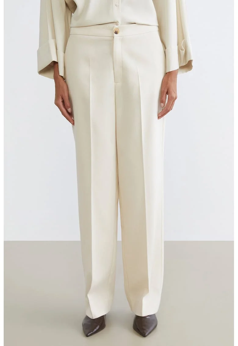 Pantaloni Chino din amestec de in cu croiala dreapta si pliuri, Crem