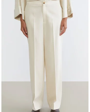 Pantaloni Chino din amestec de in cu croiala dreapta si pliuri, Crem
