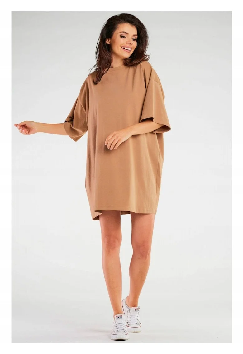 Rochie oversize cu maneca scurta din bumbac,, Bej
