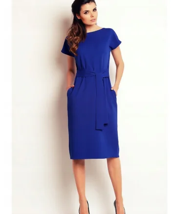 Rochie eleganta midi cu cordon in talie si decolteu barca,, Albastru