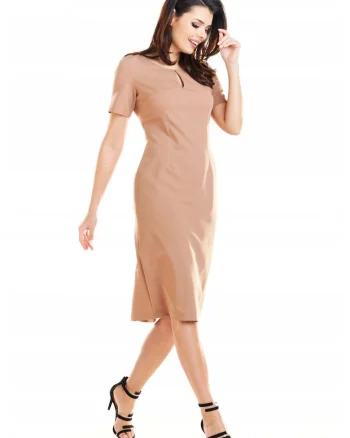 Rochie eleganta mulata midi cu decupaj la decolteu si maneci scurte,, Bej