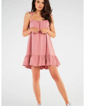 Rochie trapez din bumbac pe bretele,, Roz
