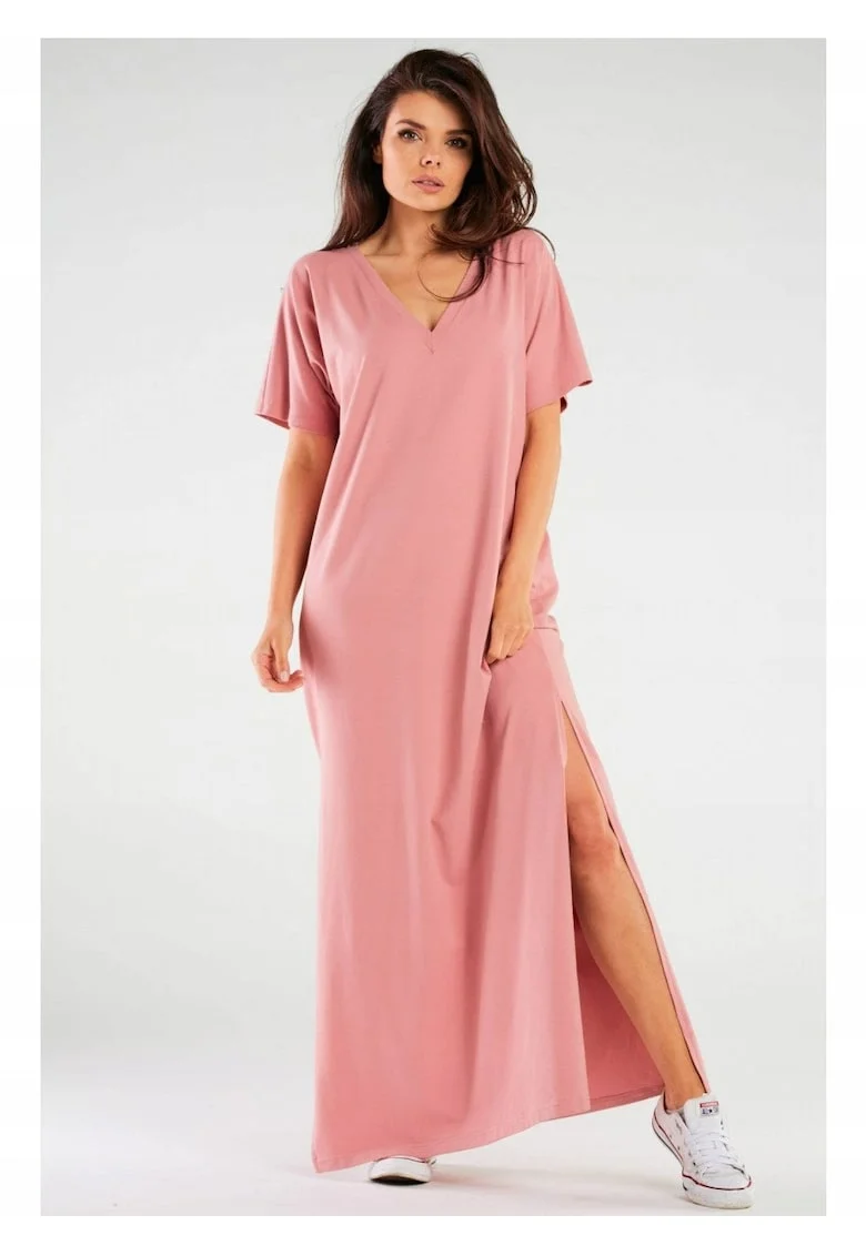Rochie oversize tip chimono maxi din tricot de bumbac,, Roz