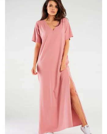 Rochie oversize tip chimono maxi din tricot de bumbac,, Roz