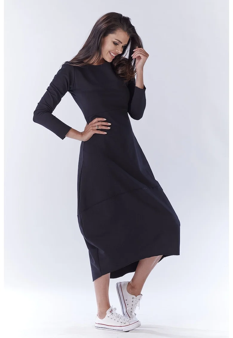 Rochie midi tip balon din bumbac streetwear cu maneci lungi,, Negru