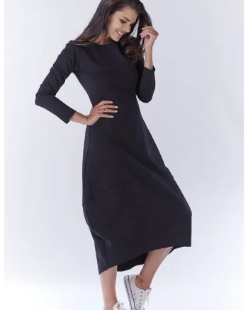 Rochie midi tip balon din bumbac streetwear cu maneci lungi,, Negru