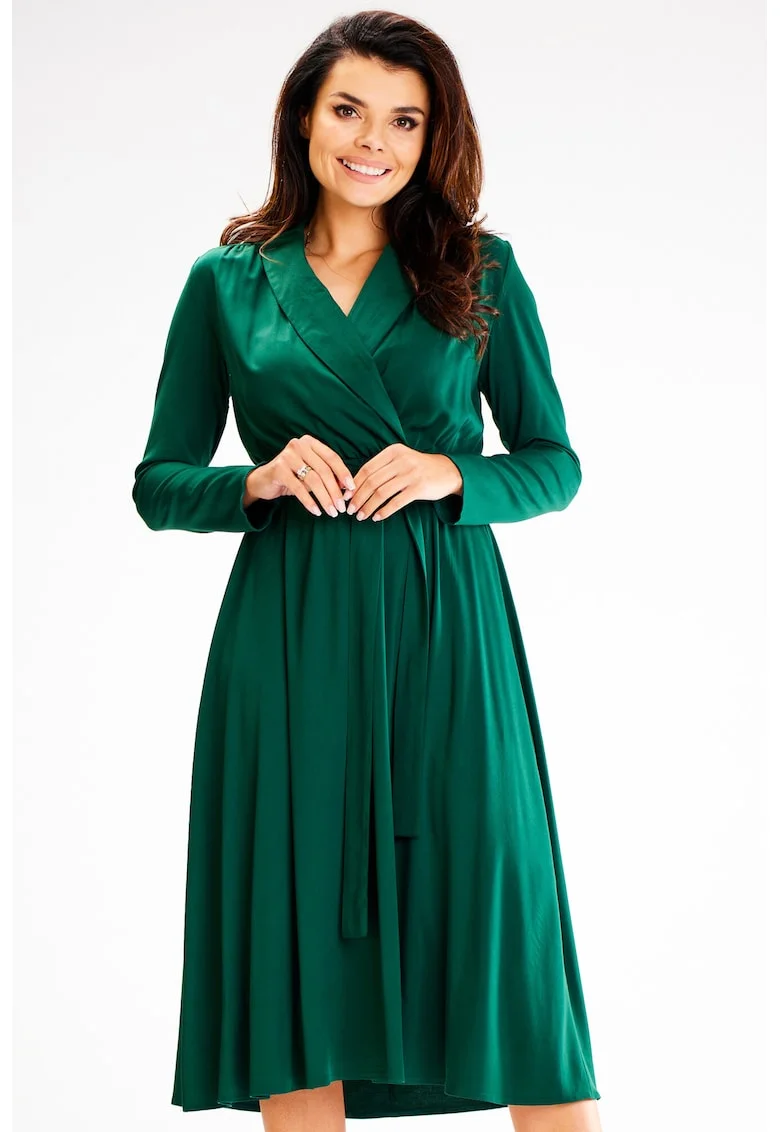 Rochie midi in clos din viscoza cu guler tip sal,, Verde