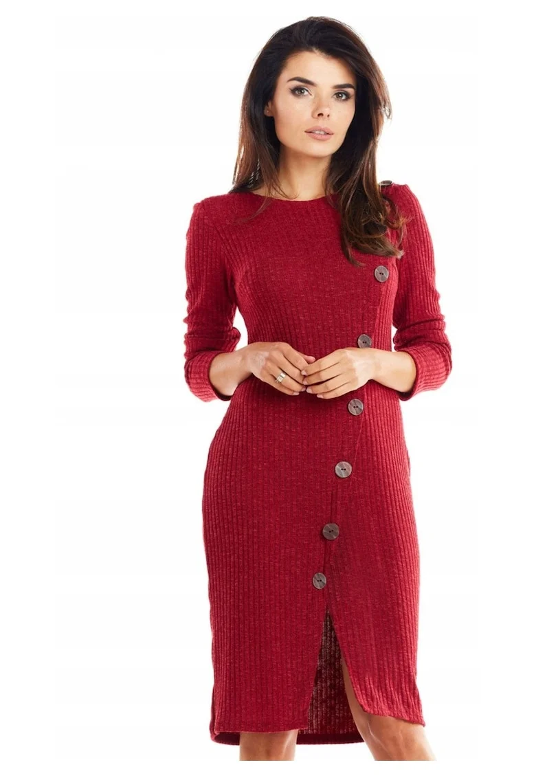 Rochie midi din tricot cu croiala asimetrica, crapatura si maneci lungi,, Rosu