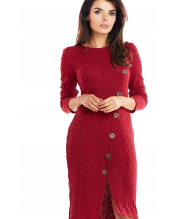 Rochie midi din tricot cu croiala asimetrica, crapatura si maneci lungi,, Rosu