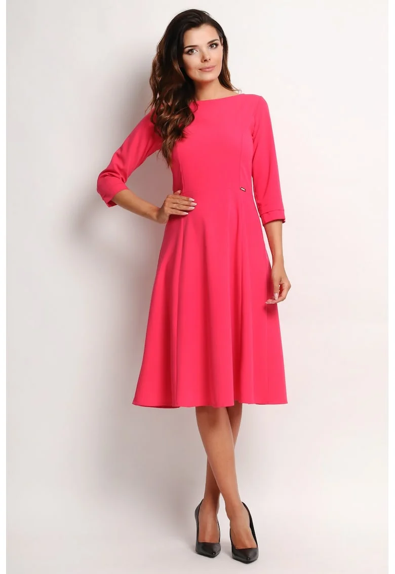 Rochie eleganta de cocktail midi in clos cu decolteu barca si maneci 3/4,, Roz