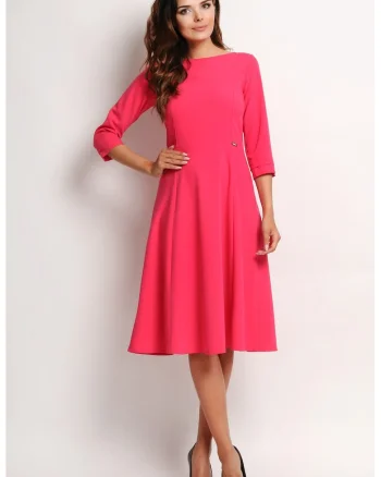 Rochie eleganta de cocktail midi in clos cu decolteu barca si maneci 3/4,, Roz