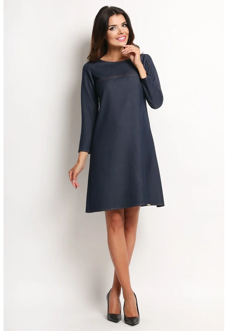 Rochie trapez midi cu maneci lungi,, Bleumarin