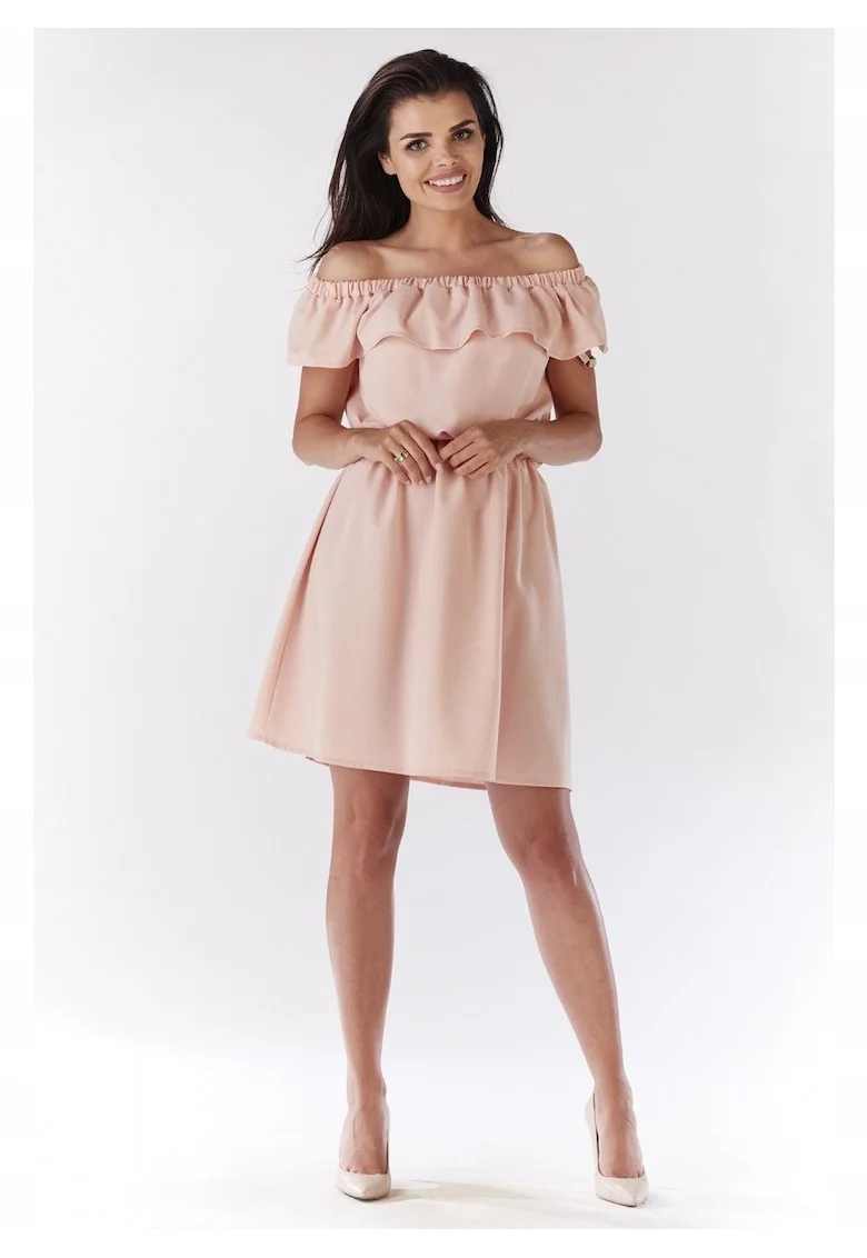 Rochie mini de vara stil spaniol cu volan,, Roz pudrat