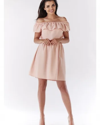 Rochie mini de vara stil spaniol cu volan,, Roz pudrat