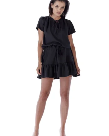 Rochie in clos tip chimono lejera mini cu volan si maneci scurte,, Negru