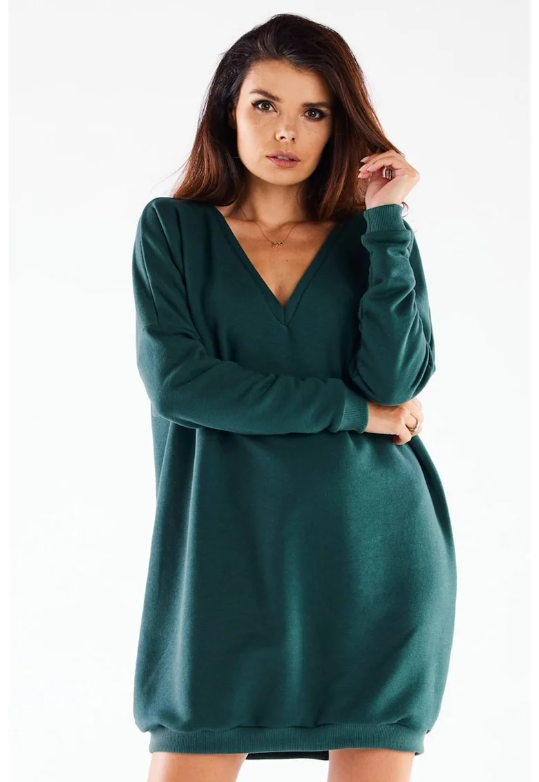 Rochie lejera tip balon cu decolteu in V din jerseu de bumbac,, Verde