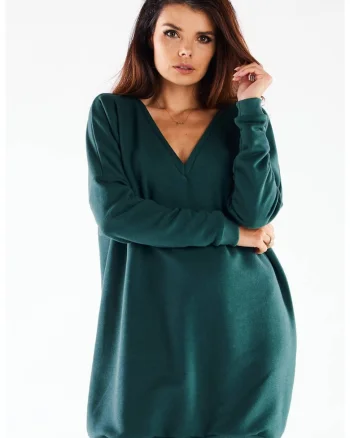 Rochie lejera tip balon cu decolteu in V din jerseu de bumbac,, Verde