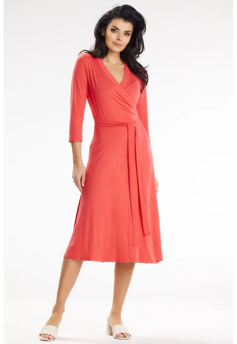 Rochie petrecuta midi cu partea de jos in clos si maneci 3/4,, Coral