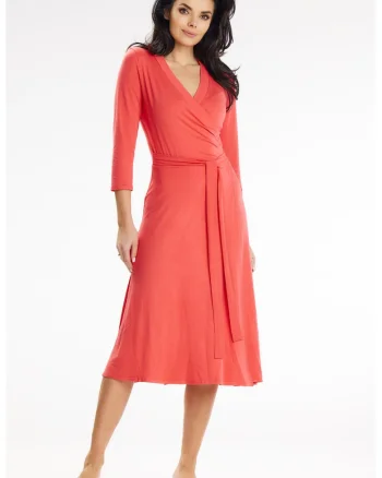 Rochie petrecuta midi cu partea de jos in clos si maneci 3/4,, Coral