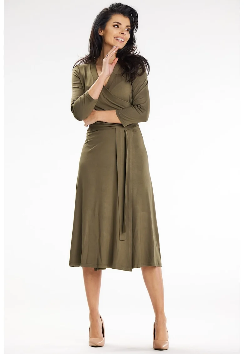 Rochie petrecuta midi cu partea de jos in clos si maneci 3/4,, Kaki