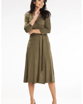Rochie petrecuta midi cu partea de jos in clos si maneci 3/4,, Kaki