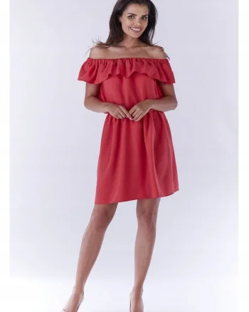 Rochie mini de vara stil spaniol cu volan,, Fucsia