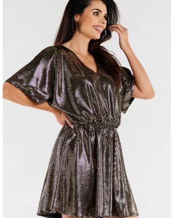 Rochie mini tip chimono cu decolteu in V si maneci scurte,, Auriu