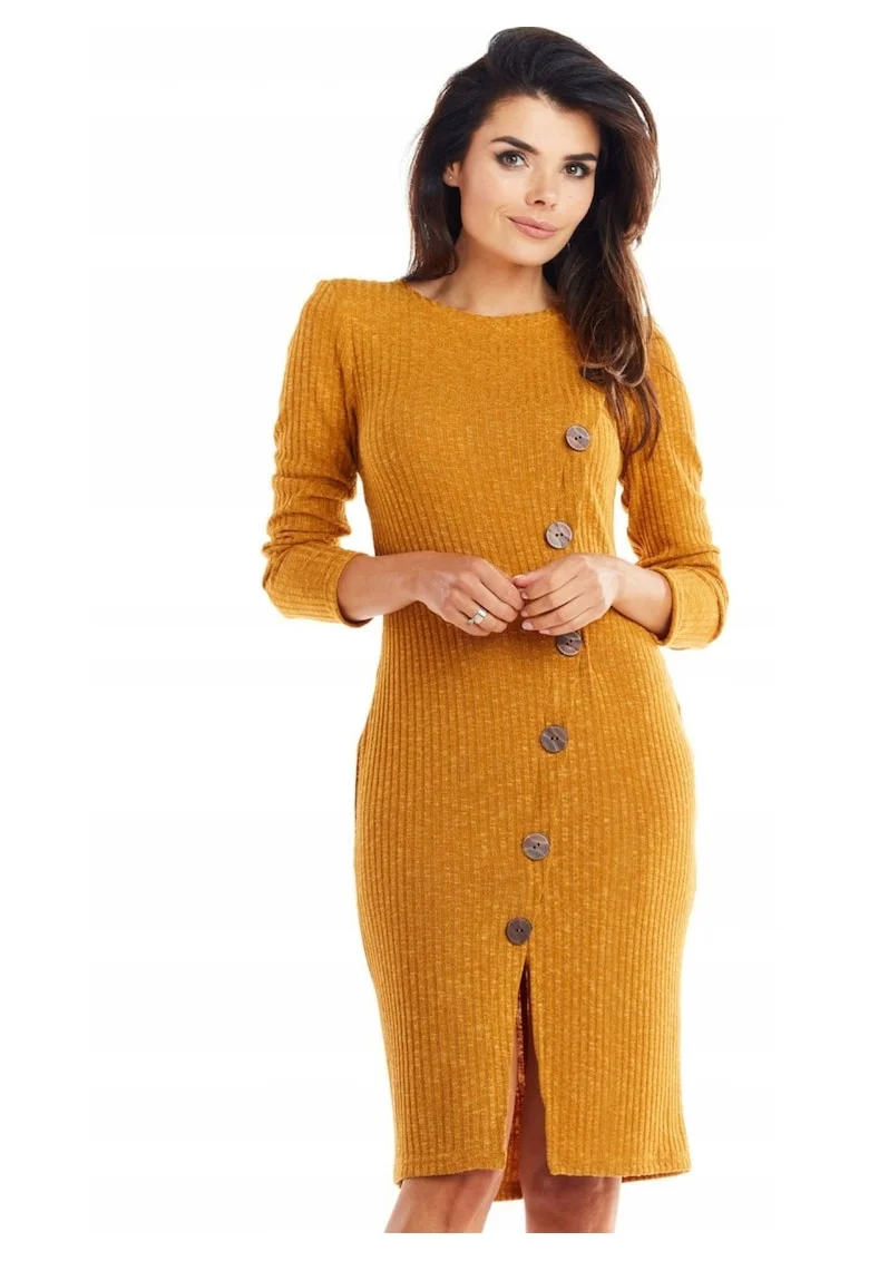 Rochie midi din tricot cu croiala asimetrica, crapatura si maneci lungi,, Galben mustar
