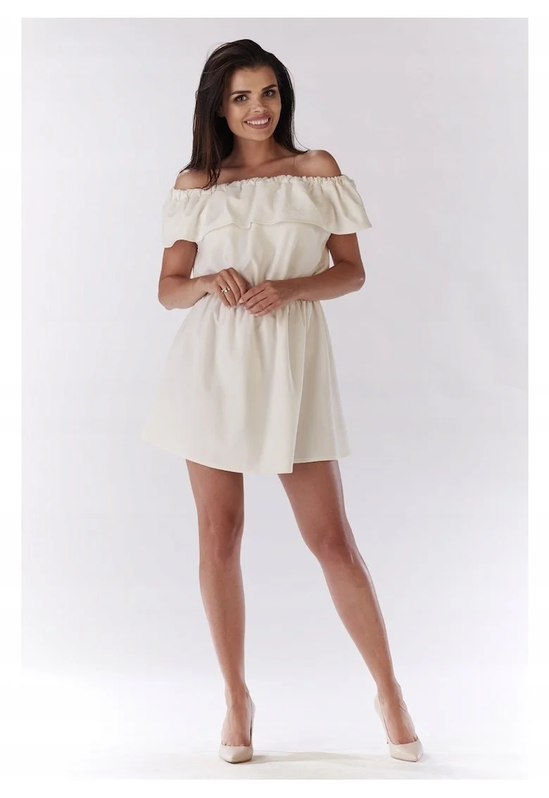 Rochie mini de vara stil spaniol cu volan,, Crem