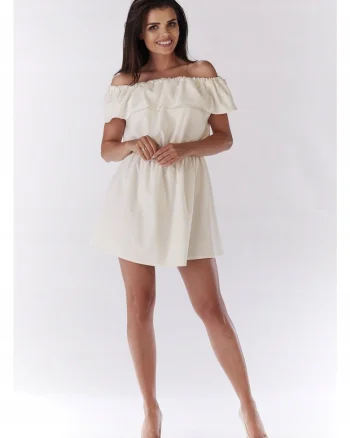 Rochie mini de vara stil spaniol cu volan,, Crem