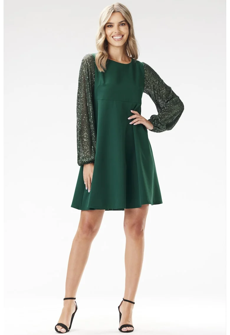 Rochie trapez mini cu maneci cu paiete,, Verde