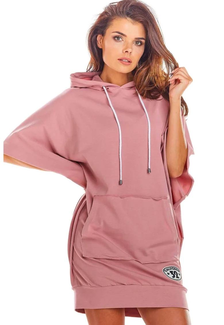 Rochie mini din bumbac cu gluga si maneci tip chimono,, Roz