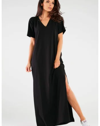 Rochie oversize tip chimono maxi din tricot de bumbac,, Negru