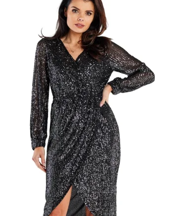 Rochie asimetrica cu paiete, decolteu petrecut si maneci lungi,, Gri grafit